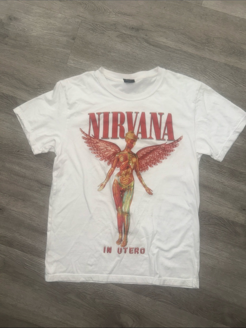 NIRVANA White Short Sleeve Tee with Red & Gold Angel Graphic